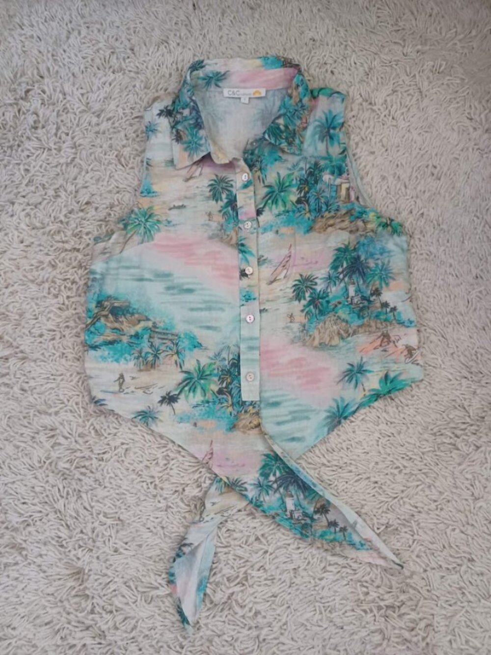 C&C California Linen Blend Tropical Beach Tie Front Sleeveless Blouse M/L